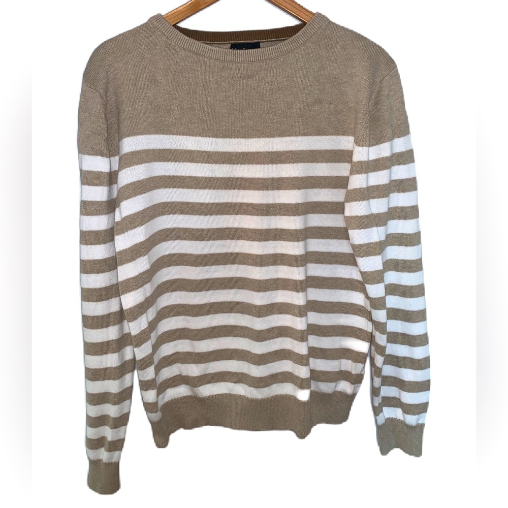Alex Stevens Khaki & White Stripe Cotton Crewneck Sweater Size Medium